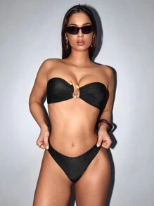 Conjunto de Maiô Bikini Bandeau de 3 peças para o Verão: Top Bandeau, Saia Calcinha - Preto - Visão 3