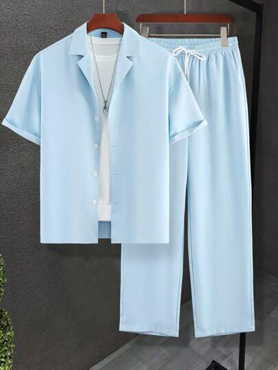 Manfinity Homme Loose Fit Men's Solid Lapel Neck Shirt & Pants Set, Baby Blue Men Set, Shirt And Pants Set