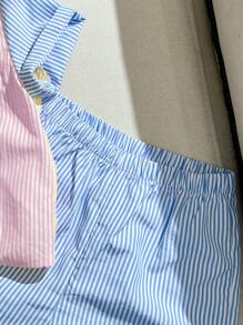 SHEIN 2pcs/Set Baby Boy Contrast Color Striped Decor Pocket Front Collar Short Sleeve Shirt & Shorts Set - Blue - View 5
