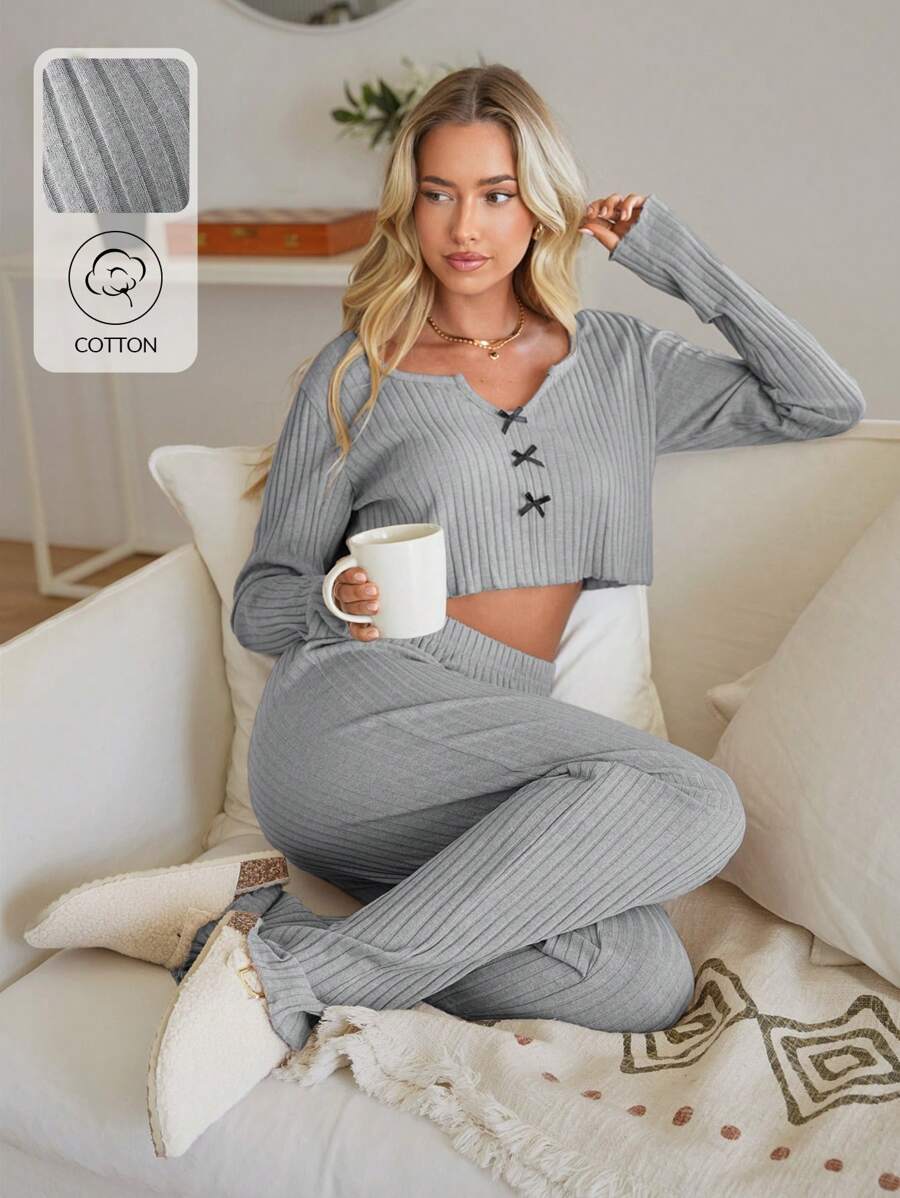 RueChic 2pcs Cotton Contrast Colour Ribbon Detail Homewear Set - Light Grey - View 1