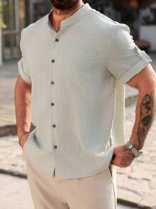 Manfinity Homme Men Plus Size Casual Solid Color Short Sleeve Shirt - Mint Green - View 5