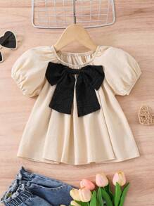 SHEIN Young Girl Woven Plain Round Neck Ruffle Bow Blouse - Apricot - View 9