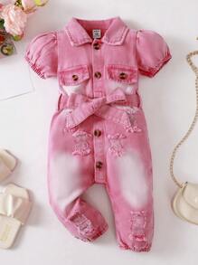 Baby Front Button Closure Short Sleeve Pocket Casual Romper - Pink - View 1