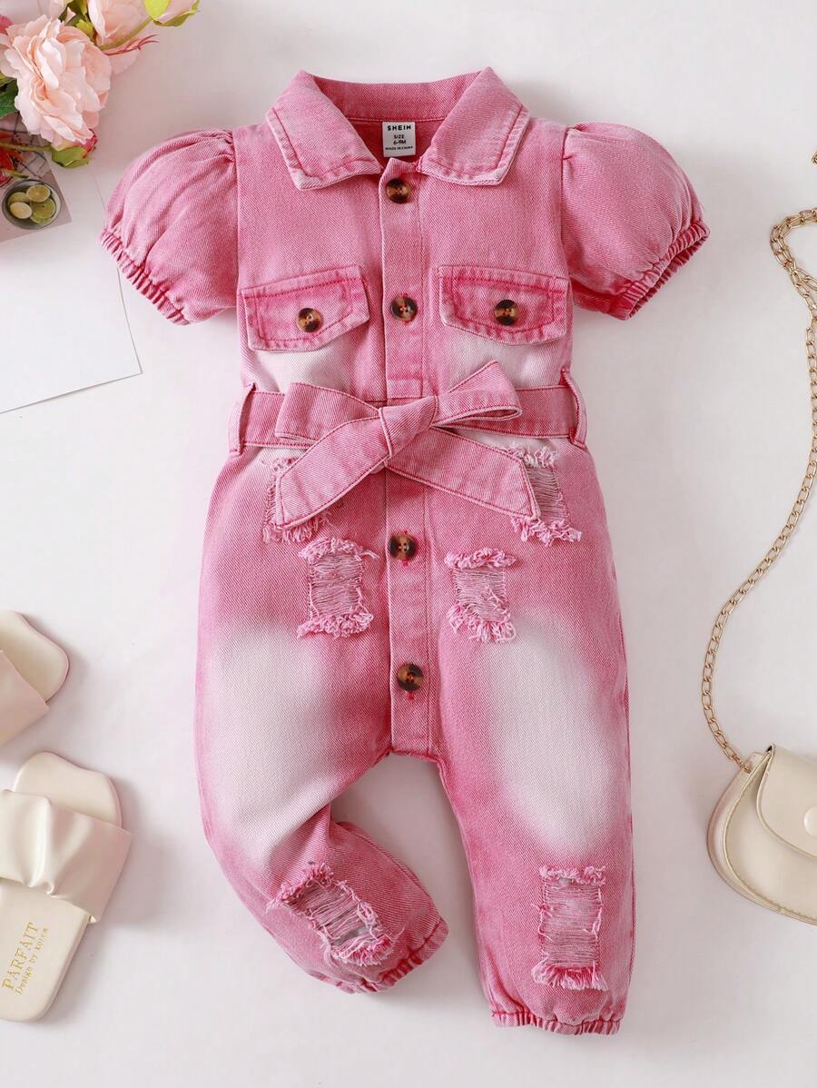 Baby Front Button Closure Short Sleeve Pocket Casual Romper - Pink - View 1