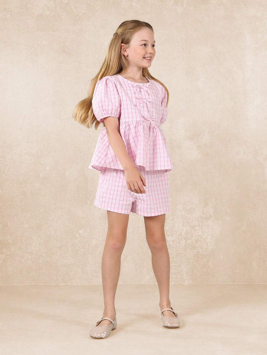 SUMWON Striped Bubble Sleeve Peplum Top And Shorts Set Girls Summer Wear Spring Resort Party Princess Outfit Youth Casual Two Piece Set