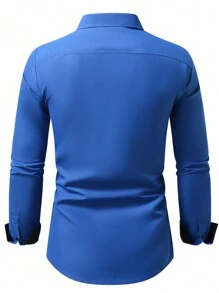 Manfinity Mode Áo thun nam tay dài cài nút phía trước, túi vải trơn màu, mặc hàng ngày, cho mùa thu - Xanh đậm - Xem 2