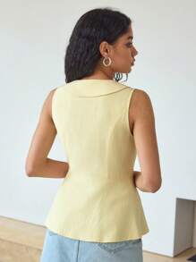 MOTF STUDIO CONTRAST LACE INSERT SLEEVELESS PEPLUM BLOUSE - Yellow - View 2