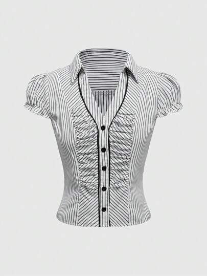Grunge Punk Y2K Punk Subculture Colorblock Striped Women Short Sleeve Shirt, Versatile Summer