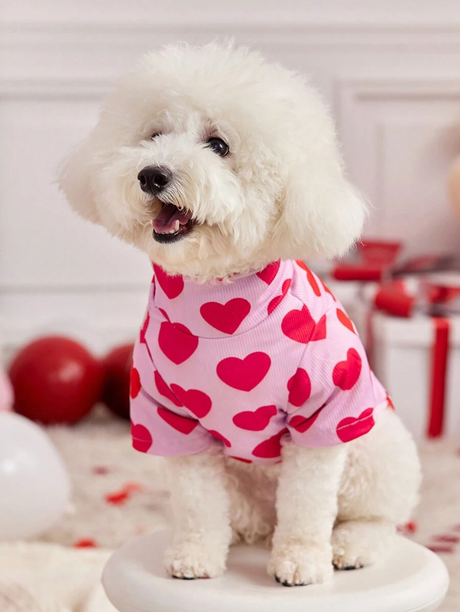 PETSIN 1pc Valentine's Day Dog T-Shirt, Pink With Red Heart Print, Stretchy High Neck, Comfortable Casual Pet Clothing - Multicolor - View 1