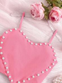 SHEIN Tween 女童合身心形仿珍珠装饰吊带背心