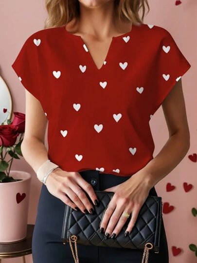 Glamance Maryam Alam Women Red Blouses Short Sleeve Notched Casual All Over Print,Geometric,Heart,Plain Summer Outfits For Women Summer Tops Going Out