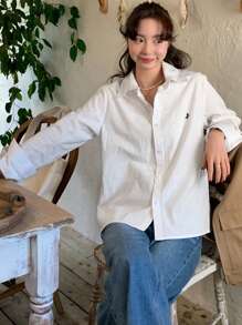 DAZY 女士休闲刺绣宽松长袖翻领衬衫，时尚百搭，适合春夏秋装