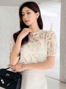 DAZY 女式透明泡泡袖衬衫，春夏新款，返校服装 - 白色 - 查看 7