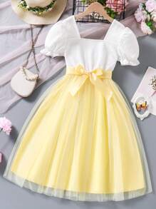 SHEIN Glamorique Kids Young Girl White Princess Dress With Waist Floral Belt, Short Sleeve Mesh Puff Party Wedding Flower Girl Dress - Mustard Yellow - View 2