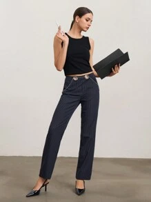 SHEIN Unity 女款镂空条纹休闲裤 - 藍色 - 查看 5