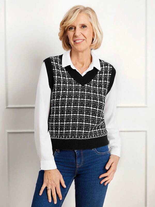 Miaspire Women's V-Neck Tweed Knitted Casual/Commute Elegant Sleeveless Sweater Vest, Warm For Fall/Winter