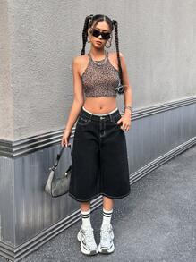 SHEIN Teen Girl Y2K Contrast Line Black Loose Fit Denim Pants,Kid Girls Spring And Summer Casual Vacation Country Boho Wear, Beach Outfits For Kid Girls,Western Street Wear For Girl , Spring Break Rave Outfits Festival Outfits - Black - View 5