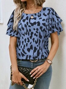 EMERY ROSE Women Leopard Print Ruffle Hem Round Neck Short Sleeve Blouse