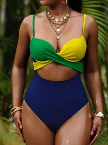 SHEIN Swim 1 pieza Traje de baño de una sola pieza de unicolor con tiras cruzadas, casual y para deportes de playa, para verano