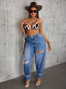 SHEIN SXY Plus Size Women Distressed Pocket Loose Casual Jeans - Blue - View 4