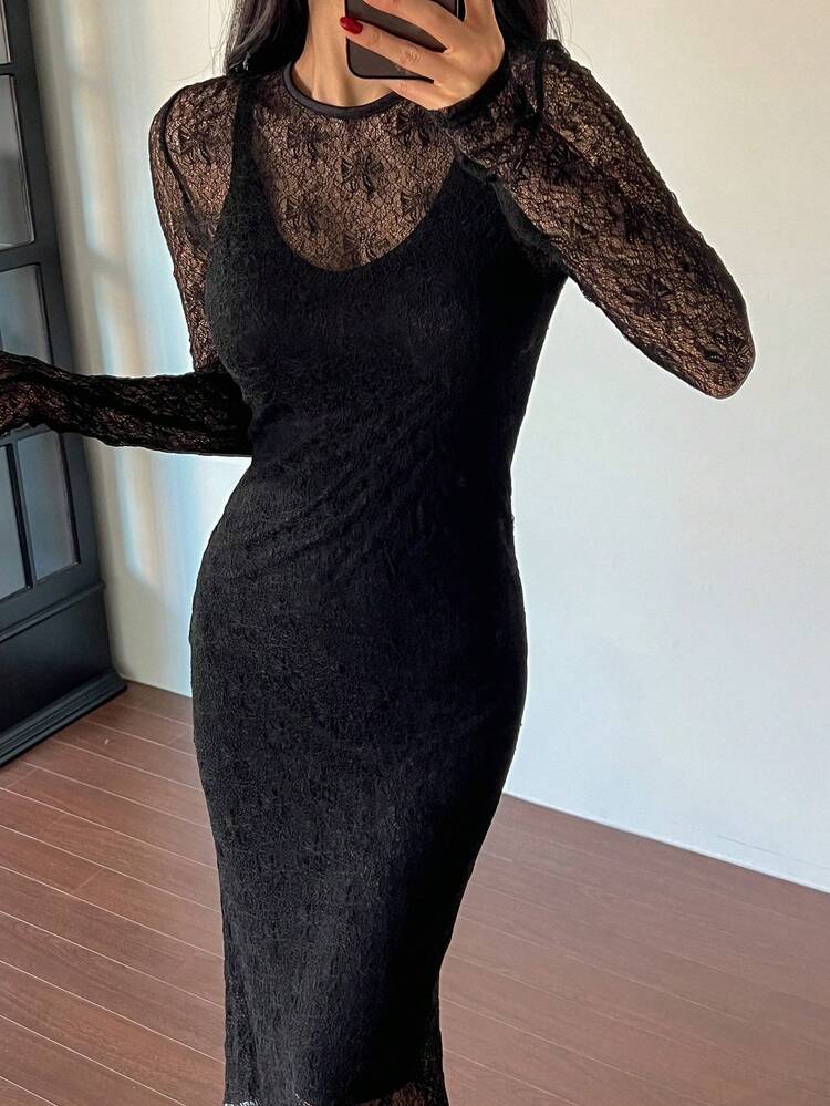Sleeveless Fitted Lace Long Dress, Elegant Summer Women's Dress,Fall Clothes Long Sleeve Dress Maxi Dress