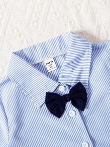 2 pièces Ensembles pour Jeunes Garçons: Haut à manches courtes avec col boutonné bleu et blanc décoré de nœud papillon + Pantalon bleu à taille élastique, Style Britannique Décontracté Adapté pour l'Extérieur, les Fêtes en Été (2 Ensembles Vendus Séparément) - bleu indigo - Voir 4