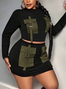 Slaydiva 2pcs/Set Plus Size Women Street Style Multi-Pocket Long Sleeve Top And Bodycon Midi Skirt Set