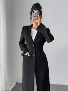 Seusyu 秋冬女士休闲长款黑色西装外套 - 黑色 - 查看 3