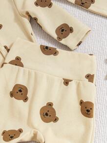 SHEIN 3 件套新生儿柔软蛇纹长袖上衣、连脚裤和帽子睡衣套装，秋冬 - 杏色 - 查看 5