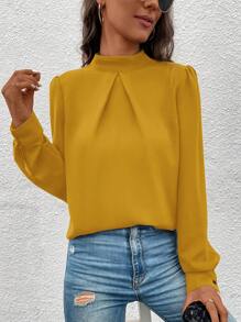 SHEIN Clasi 女士纯色立领泡泡袖休闲衬衫 - 黃色 - 查看 6