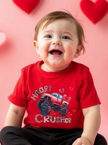 Toddler Boys' Casual Creative Small Red Heart Car Plaid Letter Print Short Sleeve Basic Round Neck T-Shirt