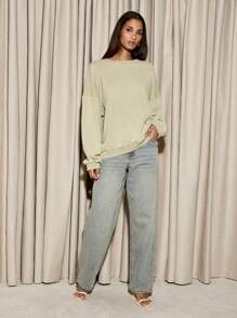 AiiRZ Sudadera Premium oversize con lavado ácido, ropa de estar en casa casual, sudadera con cuello redondo clásico, cómoda, de manga larga, ropa deportiva para otoño e invierno - Beis - Ver 3