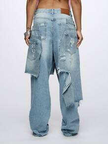 SUMWON WOMEN Wide Leg Distressed Jeans Y2K Fashion Double Waistband Ripped Boyfriend Style Raw Hem Street Wear Grunge Aesthetic Spring Summer Denim Pants - Baby Blue - View 3