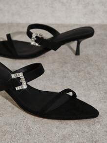 SHUZIA Zapatos de tacón alto negro con tacón de gatito, decorado con hebilla de strass, para uso diario y fiestas - Negro - Ver 4