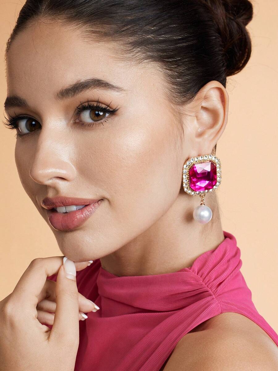 SHEIN BAE 爪链方形合金方晶锆石和人造珍珠吊坠耳环 适合情人节、妈妈、母亲、母亲节、礼物 - 玫紅色 - 查看 1