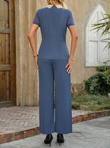 SHEIN Clasi 2 件套撞色领口绑带短袖 T 恤和裤子套装 - 藍色 - 查看 2