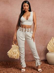 SHEIN SXY Spring/Summer Date Valentine's Day Elegant Holiday Apricot Woven Imitation Linen Fringe Hem Short Sleeveless Vest Top And Elastic Waist Low Waist Long Pants With Straps