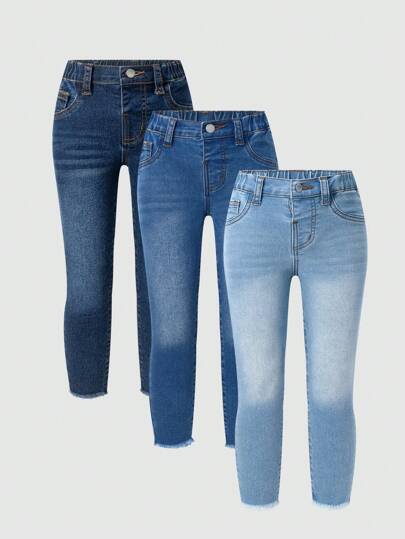 SHEIN 3 paires de jeans stretch ajustés en jean bleu marine/bleu moyen/bleu clair pour jeunes filles, jeans en denim décontractés pour les vacances et la saison printemps-été pour filles
