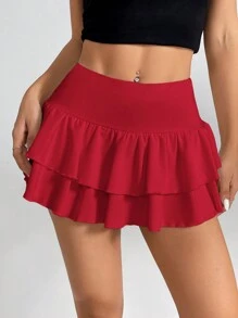 SHEIN PETITE Women's Double Layer Ruffle Hem A-Line Short Skirt - Burgundy - View 5