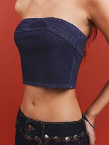 LYSMO Women's Minimalist Fitted Denim Tube Top, Casual Daily Wear - Royal Blue - View 3