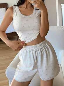 DAZY Set de pijama de 2 piezas con pantalonetas y parte superior sin mangas con estampado floral ditsy para mujer