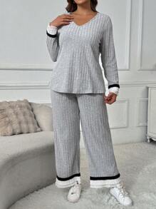 SHEIN LUNE Plus Size Ruffled Knitted Two Pieces Outfit For Women, Casual & Fitted - Grey - View 3