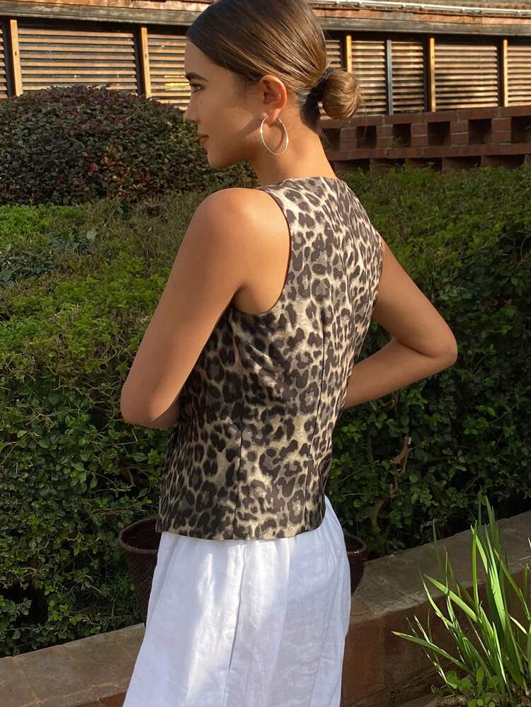 Women's Leopard Print Full-Print Cardigan Top Tank Tops Cheetah Print