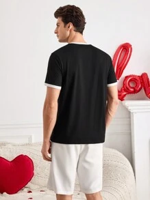 Manfinity VCAY Manfinity Modomio 男士修身圆领休闲T恤，适合日常穿着、夏季、情人节情侣款礼物，纯棉情侣T恤 - 黑與白 - 查看 3