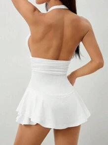 SHEIN PETITE Tuta elasticizzata da donna con scollo a canottiera, vita alta e orlo a balze
