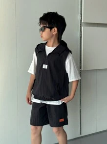 SHEIN 3 件套青少年男孩休闲背心、T 恤和短裤 - 黑色 - 查看 6