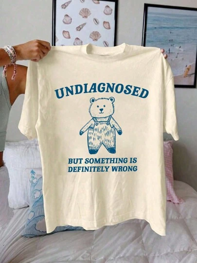 Calvaya Plus Size Casual Minimalist Cute Cartoon Slogan Print Short Sleeve T-Shirt, For Summer