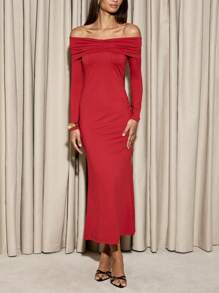 AiiRZ Elegant Off-Shoulder Long Sleeve Bodycon Midi Dress Holiday Party Evening Formal Stretch Ruched Wedding Guest Special Occasion - Red - View 6