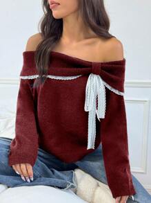 SHEIN Unity Women Open Shoulder Casual Cute Contrast Lace Cropped Off Shoulder Sweater Knit Pullover Fall Winter Sweater - Burgundy - View 1