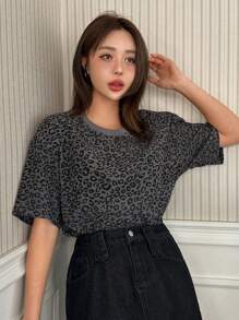 DAZY 夏季新款宽松豹纹休闲女式T恤猎豹印花 - 灰色 - 查看 6